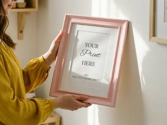 Download Vertical Pink Frame Mockup Held by Hand - Pink frame Collection